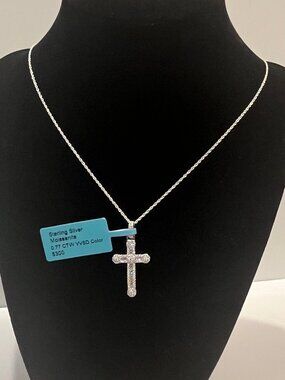 Sterling Silver .925 & Moissanite VVSD Cross Pendant and Rope Chain